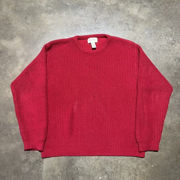 Vintage 90s Eddie Bauer Red Ribbed Cotton Boxy Knit Sweater - Picture 1 of 3